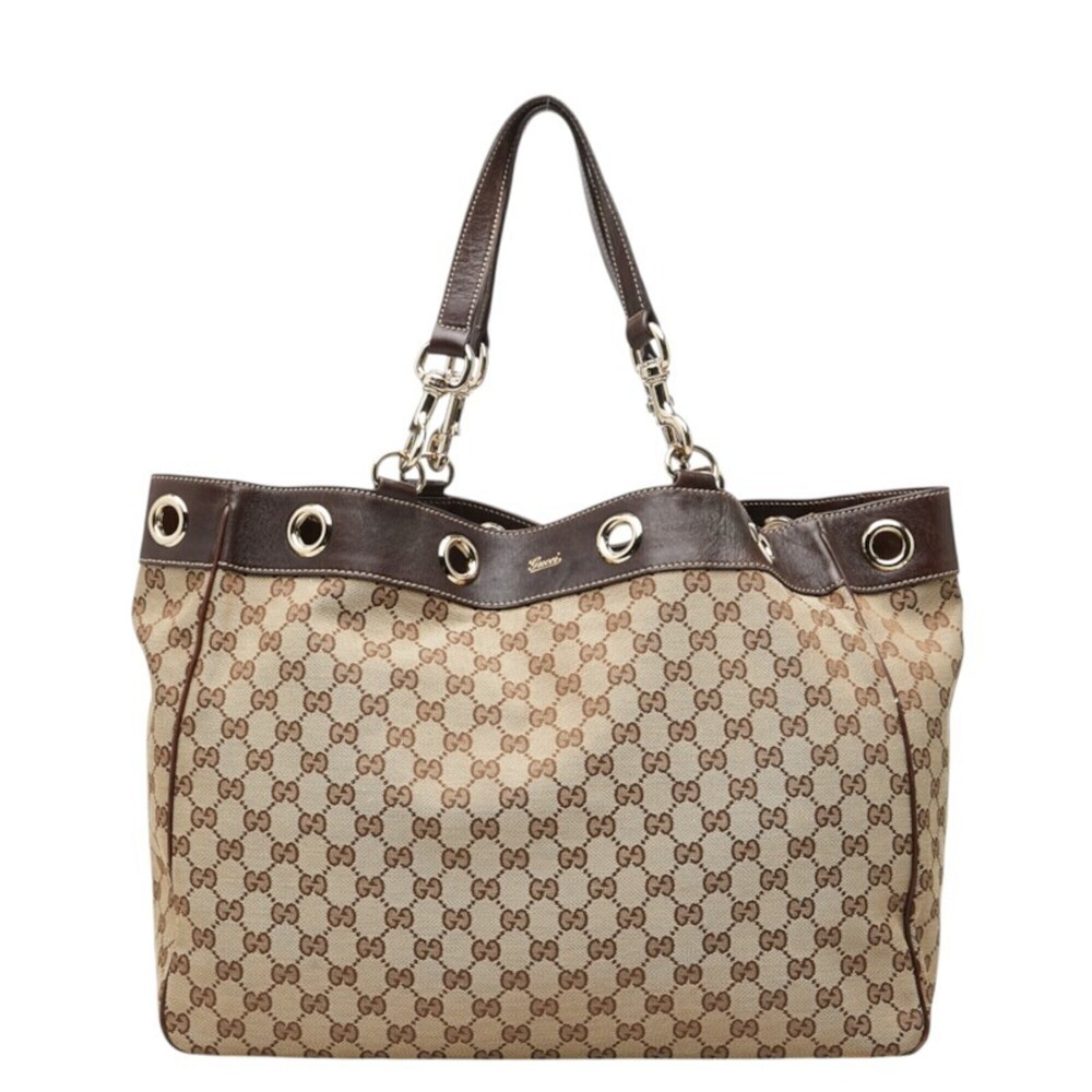 Gucci GG Canvas Tote Bag Handbag 153033 Beige Brown Leather Women's GUCCI